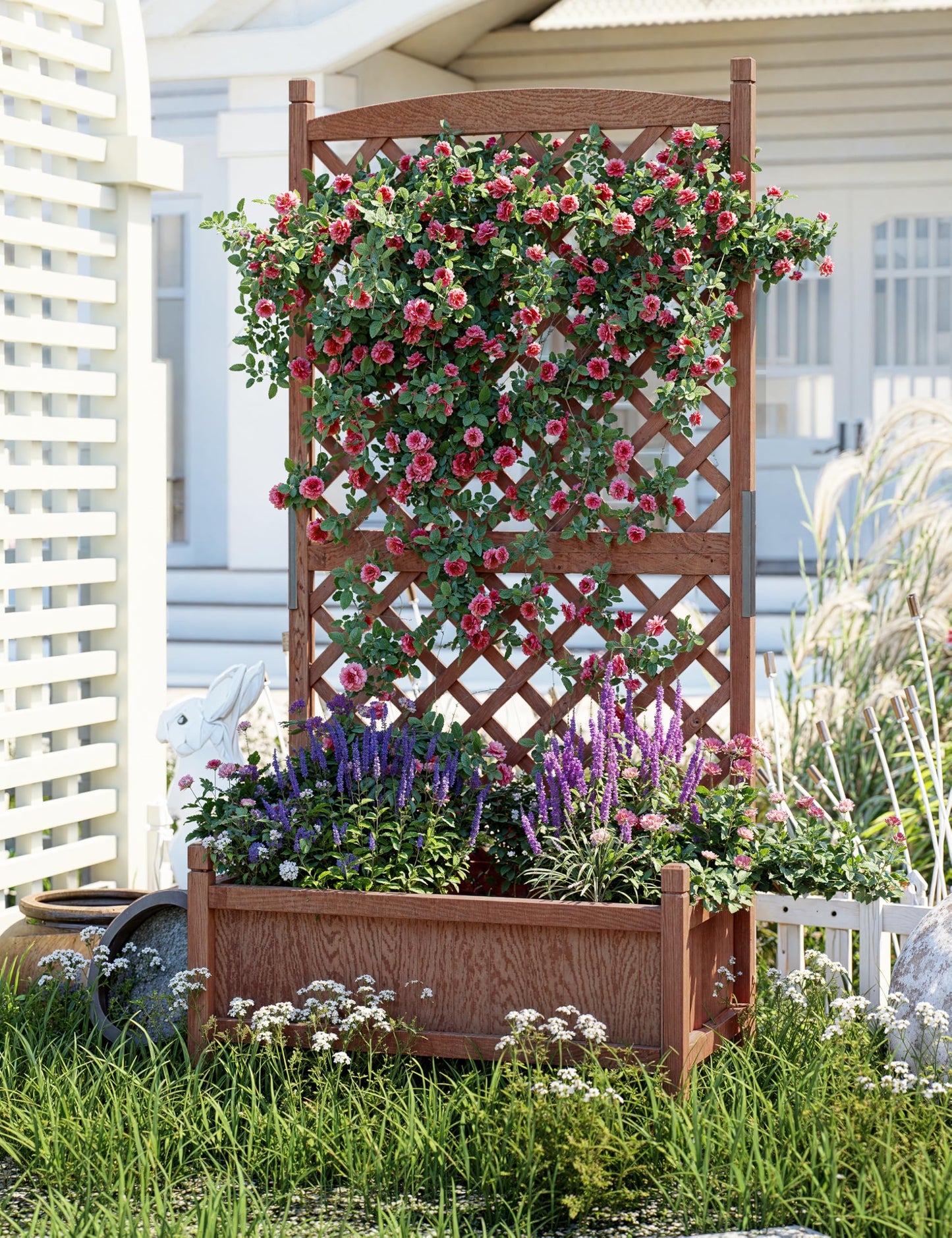 29.5 in x 13 in x 61.5 in Wood Planter Box With Trellis For Plant & Flower, Raised Garden Bed With Wheels, Standing Vertical Horticulture Trellis Planter With Drainage Holes for Patio Garden, 2PCS