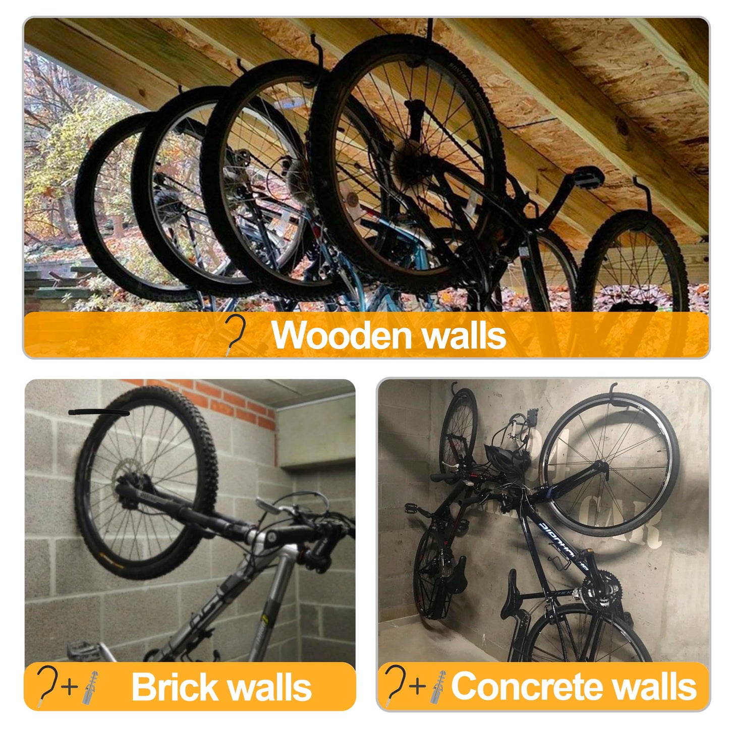 KURUI Heavy Duty Screw in Hooks for Hanging, 12 Pack Bike Hooks for Garage Wall with Screw Anchors, Wall Mount Bicycle Storage for Ceiling, Large Black Plant Hooks for Ceiling