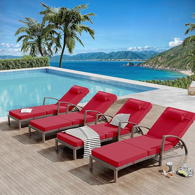GarveeLife 2-Piece Rattan Patio Folding Chaise Lounge, 5-Position Adjustable