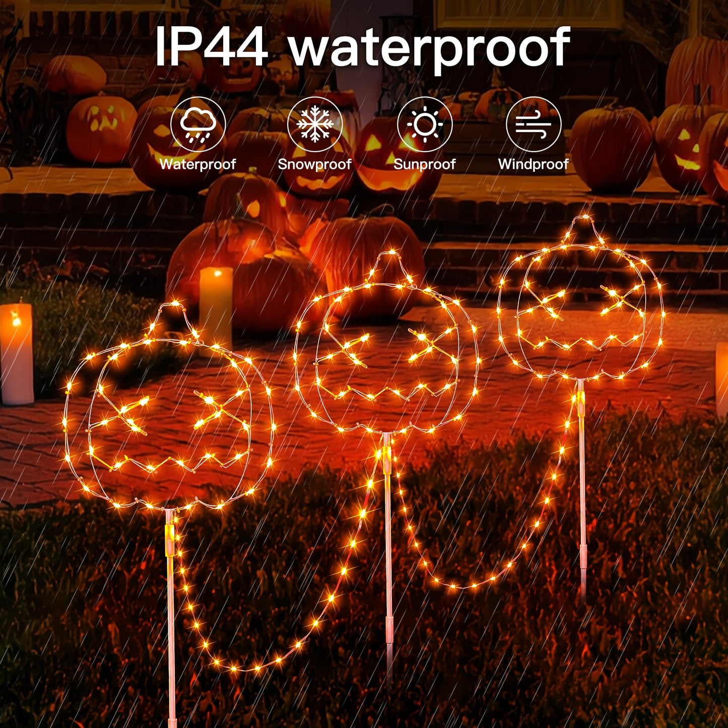 Halloween Walkway Lights,3PACK Hopolon Pumpkin Lights Halloween Decorations Outdoor Light Orange Plug-in Pumpkin Stake Light Pathway with IP44 Waterproof, 8Modes for Holiday Home Garden Yard Decor