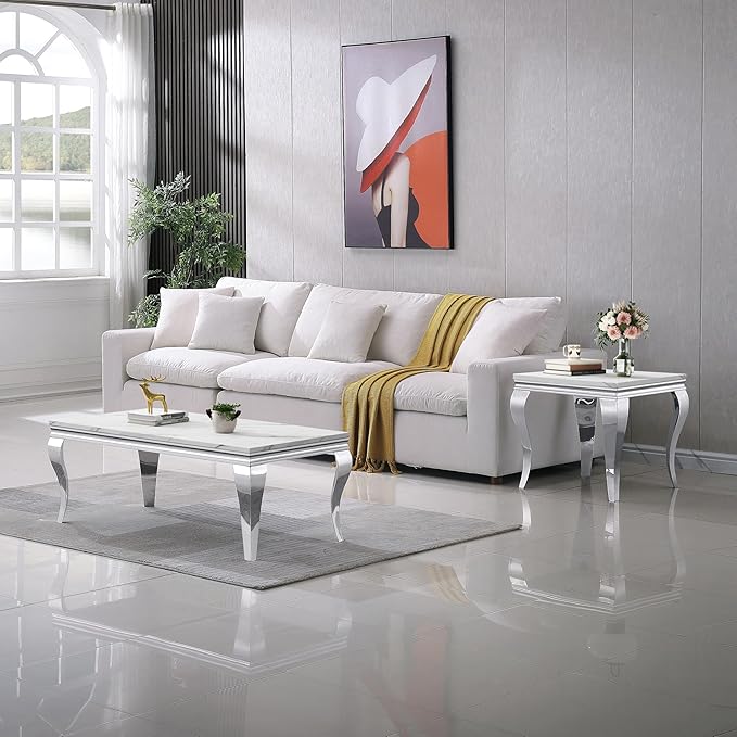 Henf Marble End Table Modern White Faux Marble Sofa Side Table