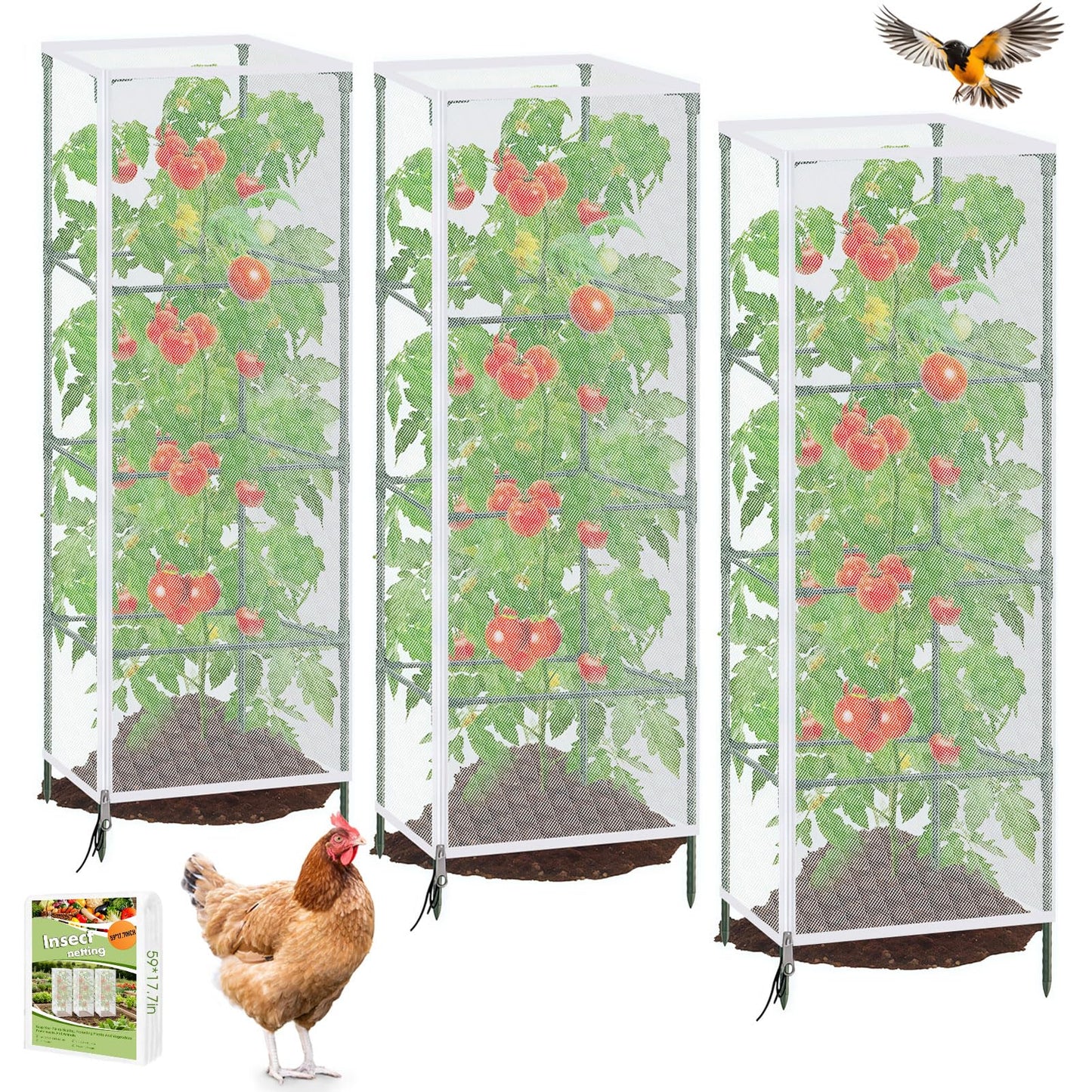 3 Pack Tomato Netting for Garden Protection, 59x18x18 inches Ultra-Fine Mesh Plant Netting Cover for Square Tomato Cage, Bird,Pest & Small Animal Barrier with Zipper & Drawstring