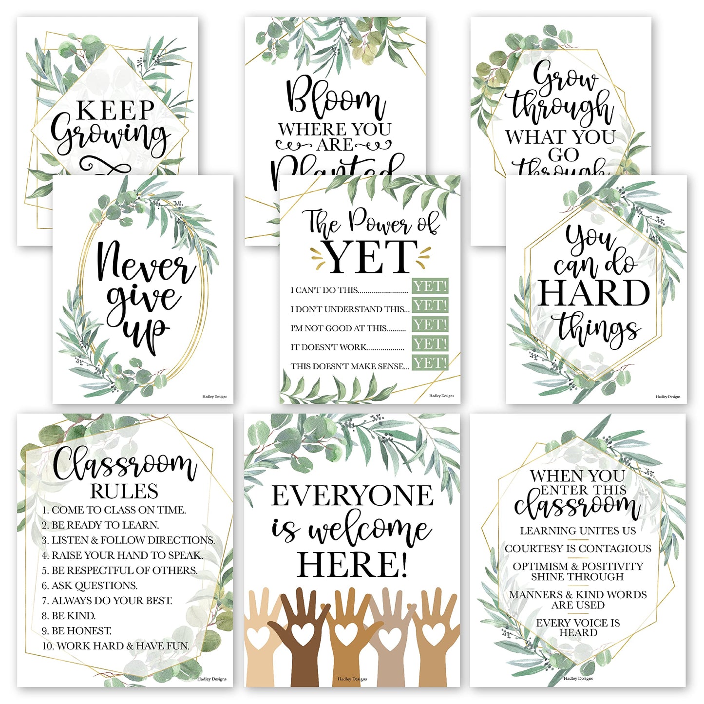 Hadley Designs Motivational Poster for Classroom Decor - 9 Growth Mindset Classroom Posters Elementary, Inspirational Wall Decor Middle School, Teacher Must Haves, Greenery Bulletin Board Decorations
