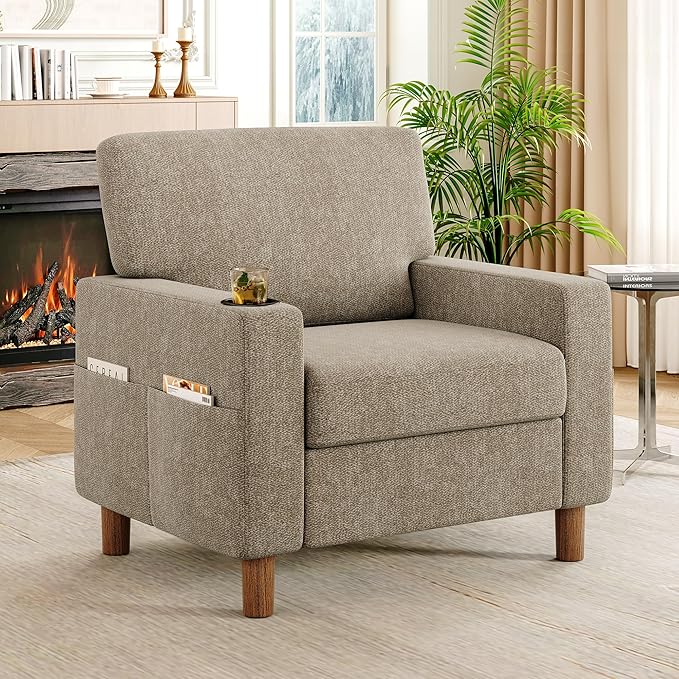 Mid Century Modern Accent Chair, Chenille Comfy Living Room Arm Chairs