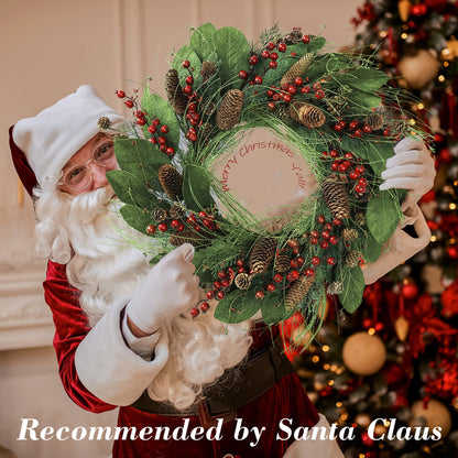 YNYLCHMX 20 Inch Winter Wreath for Front Door, Winter Wreaths with Magnolia Leaves Red Berries Pine Cones, Artificial Door Wreaths for Outdoor Indoor Farmhouse Windows Wall Holiday