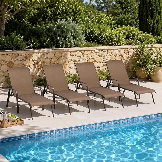 Crestlive Products Outdoor Chaise Lounge Chair, 5-Position Pool Lounge Chairs
