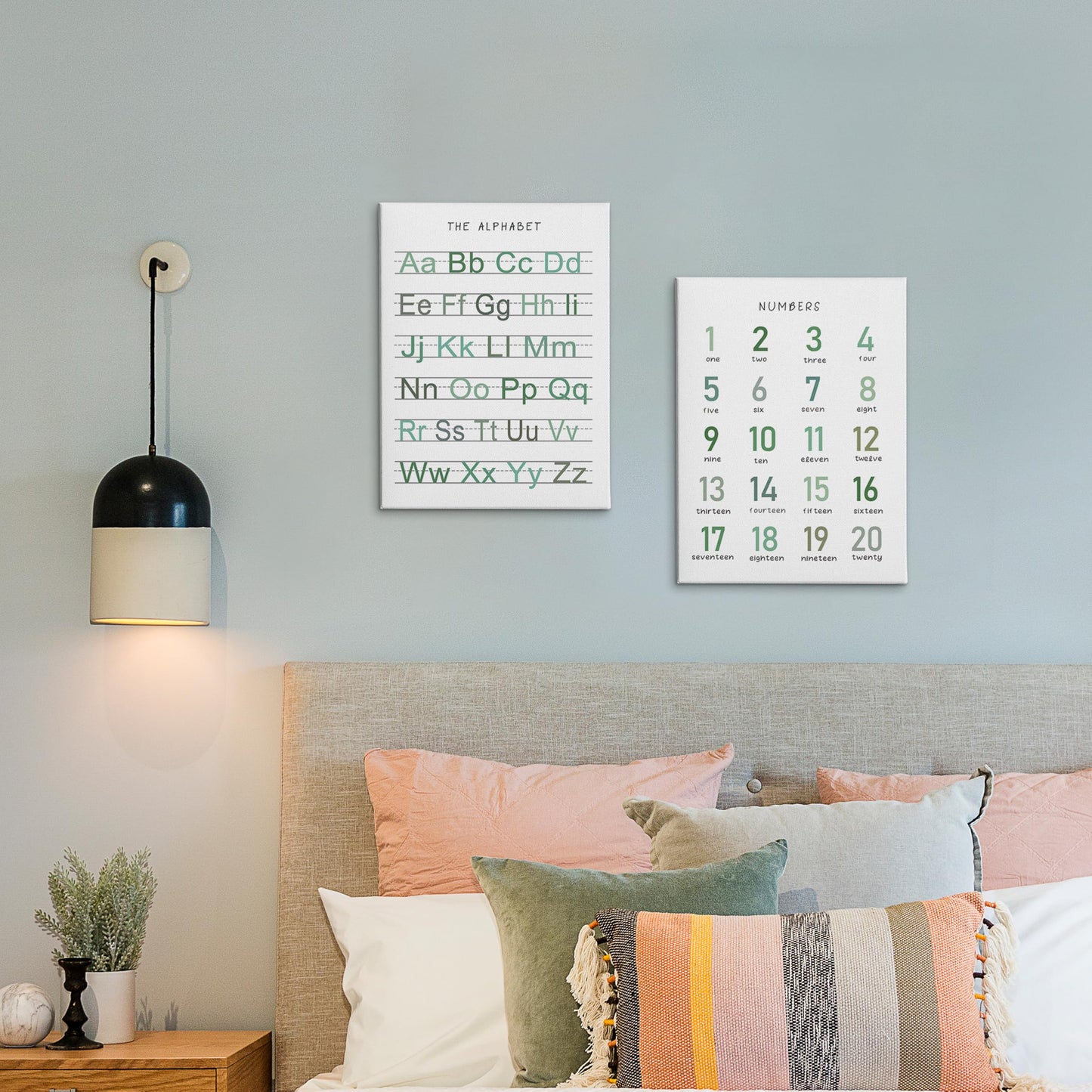 HRQKO Alphabet Numbers Nursery Canvas Wall Art Set of 2, Kids Room Decor Framed Art, Sage Green ABC Numbers Educational Posters Wall Decor for Classroom Toddler Nursery Bedroom Playroom, 11x14 inch