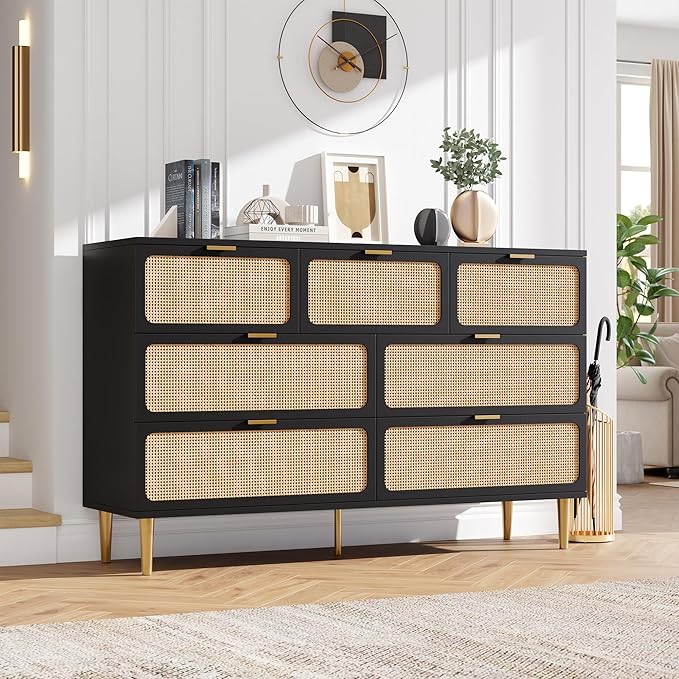 GarveeHome Rattan 7 Drawer Dressers
