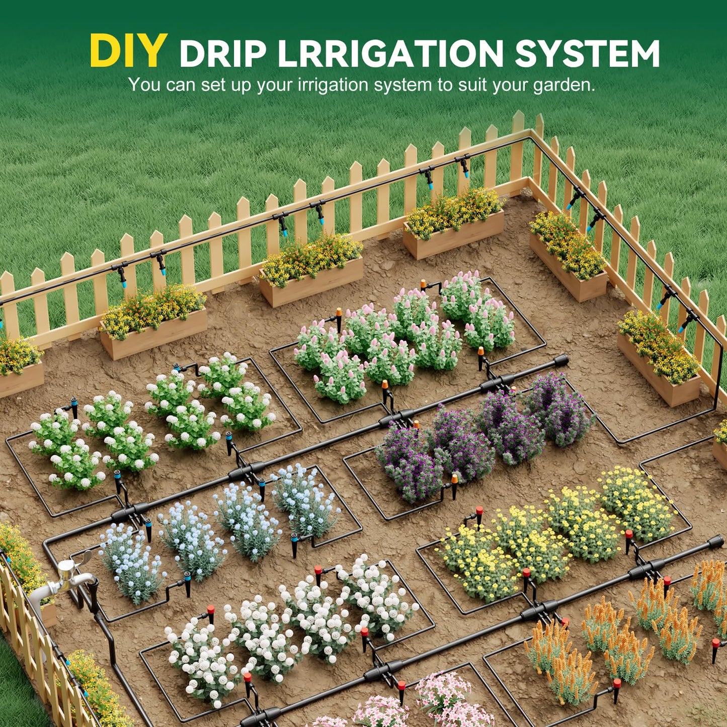 Drip Irrigation System for Garden, 2026-Upgraded Quick Connect Garden Watering Kit All-in-One with 1/2 inch 1/4 inch Irrigation Tubing for Garden, Lawn, Greenhouse, Raised Beds (91FT)