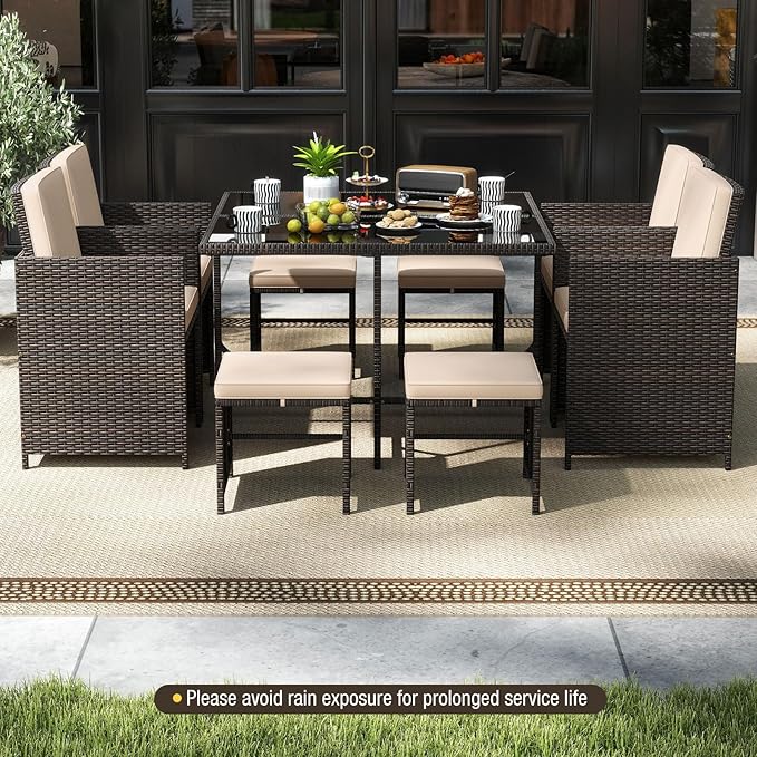 Tangkula 9 Piece Patio Dining Set, Rattan Chairs