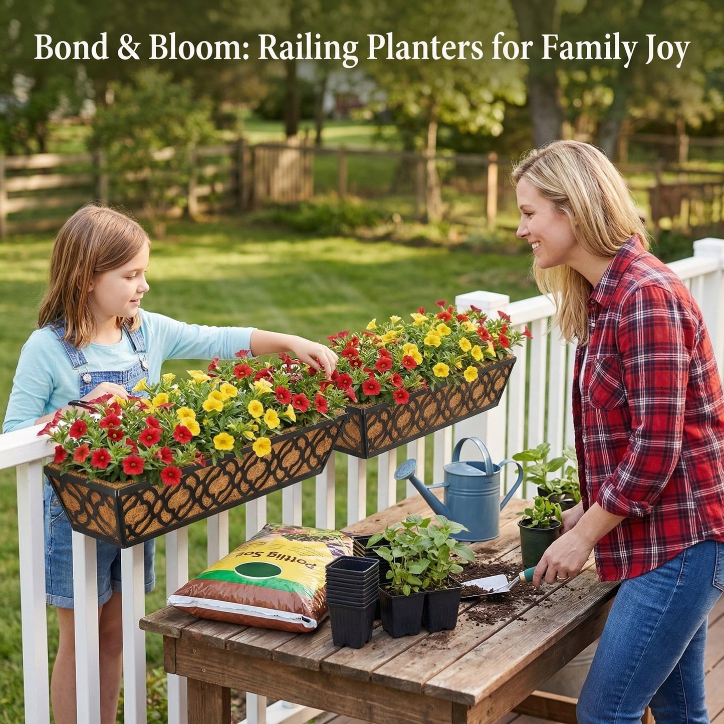 LAWYAMAI 24 Inch Railing Planter Box with Coco Liner, Adjustable Metal Hanging Planter, Window Box for Balcony Deck Fence, Outdoor Flower Box Black, 2 Pack