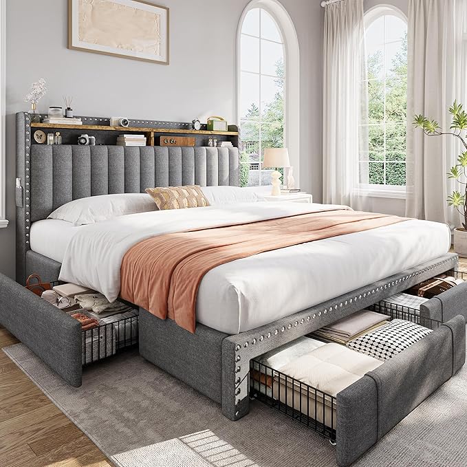 EnHomee Upholstered King Size Bed Frame