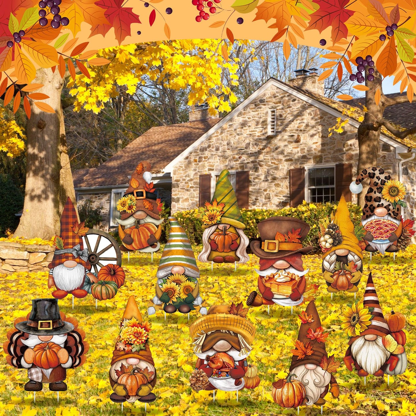 Sintuff 12 Pcs Fall Yard Sign Gnome Stakes Autumn Harvest Gnomes Yard Ornament Thanksgiving Garden Signs for Holiday Party Home Farmhouse Pathway Garden Lawn Outdoor Decoration(Gnome,13.78 Inches)