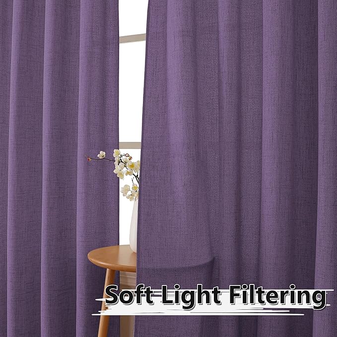 Tollpiz Linen Curtain Bedroom Rod Pocket Semi Sheer Curtains Burlap Light Filtering Thick Linen Drape for Living Room, 54 x 63 inches Long, Royal Purple, Set of 2 Panels