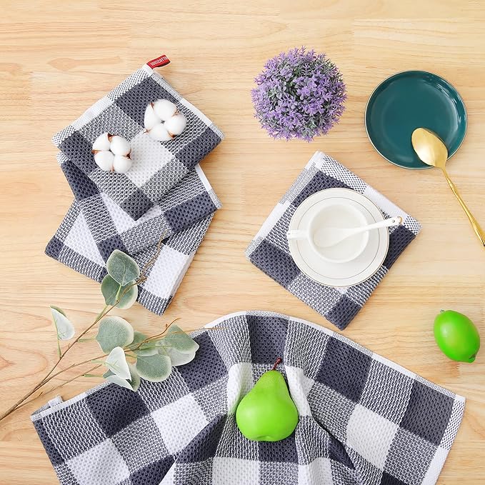 Homaxy 100% Cotton Waffle Weave Check Plaid Dish Cloths, 12 x 12 Inches