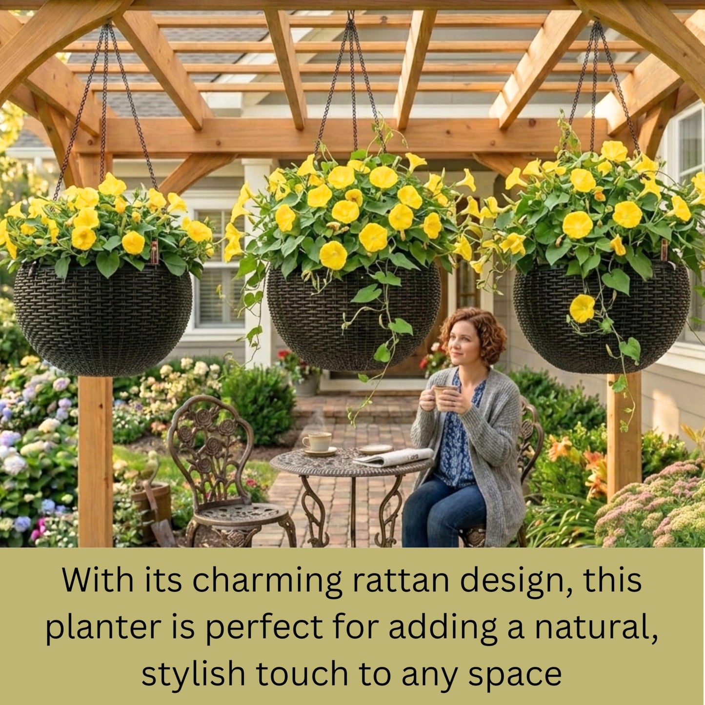 LaLaGreen Bundle- 2 Pack, 24 Inch Metal Planter with Coco Liner + 3 Pack, 11 Inch Self Watering Hanging Basket Plastic Flower Pot with Chain Outdoor Wall Mounted Balcony Fence Patio Porch Modern Decor