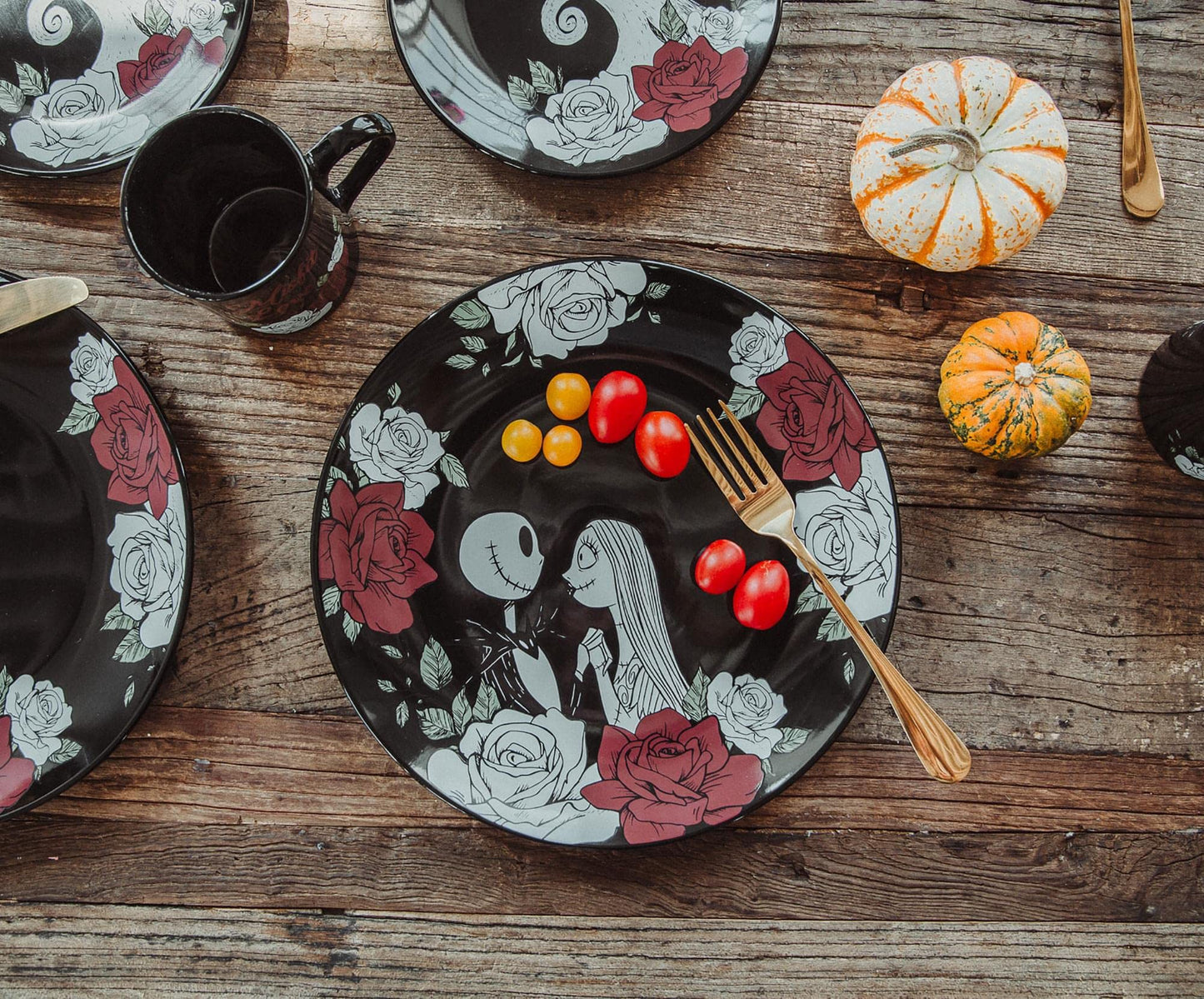 Disney The Nightmare Before Christmas Jack and Sally Roses 16-Piece Ceramic Dinnerware Set | Includes Salad Plates, Bowls, Mugs