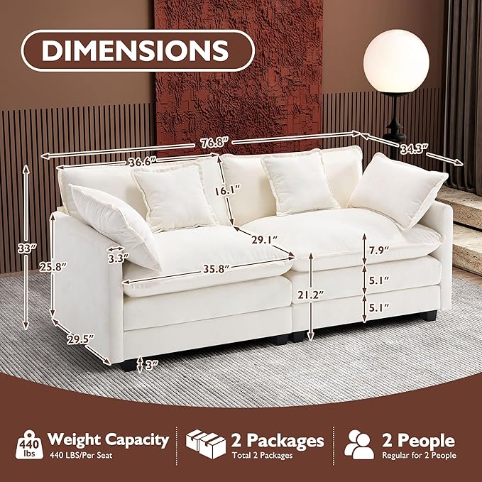 Ihanherry Cloud Sofa 77 Inch Loveseat, Modern Sectional Couch, 2-Seats Sofa