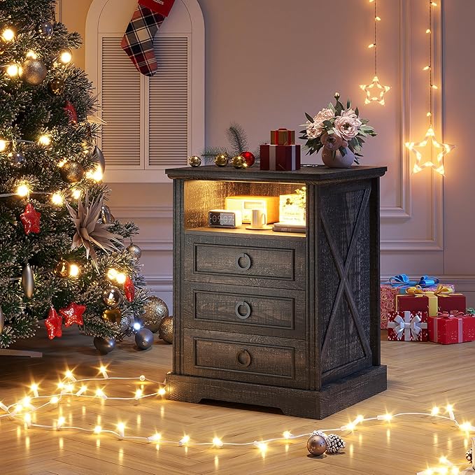 Nightstand with Charging Station, Farmhouse End Side Table with 3 Drawers and