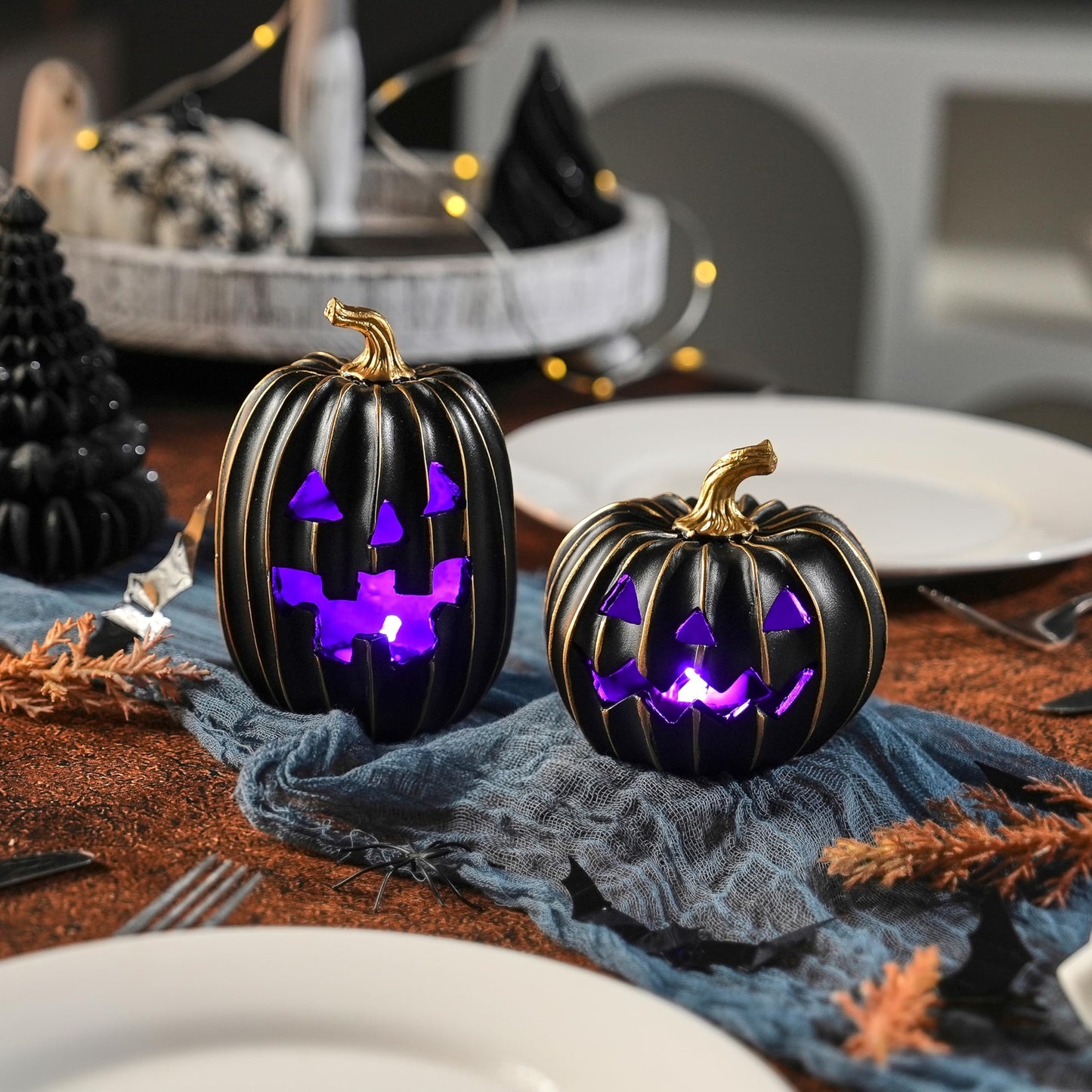 FESTGLOX 2Pcs Light Up Black Pumpkins for Halloween with Gold Lines, Small Jack O Lantern Pumpkins with Purple LED Light, Resin Halloween Pumpkin for Indoor Spooky Decor, Table (Battery Operated)