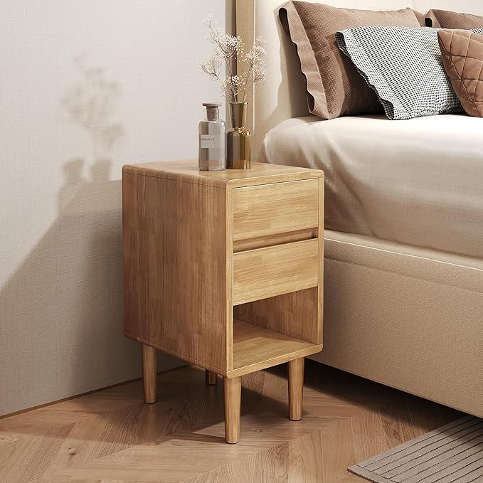 Nightstand 2 Drawers with Open Shelf Narrow Night Stand Solid Wood Bedside