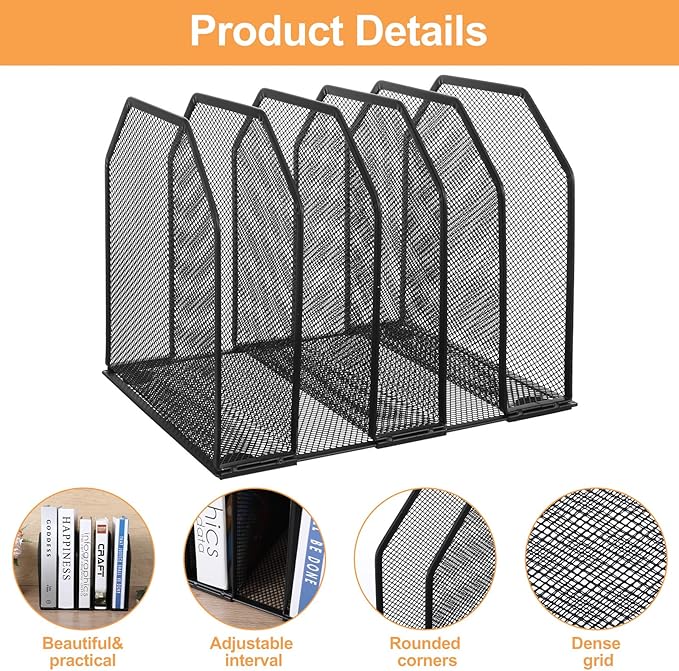 mekueeex 2 Pcs Vertical File Organizer for Desk - Metal Mesh Holder with 5 Compartments, File Folder Rack & Document Storage Stand - 9.3" x 8.5" x 7.9"