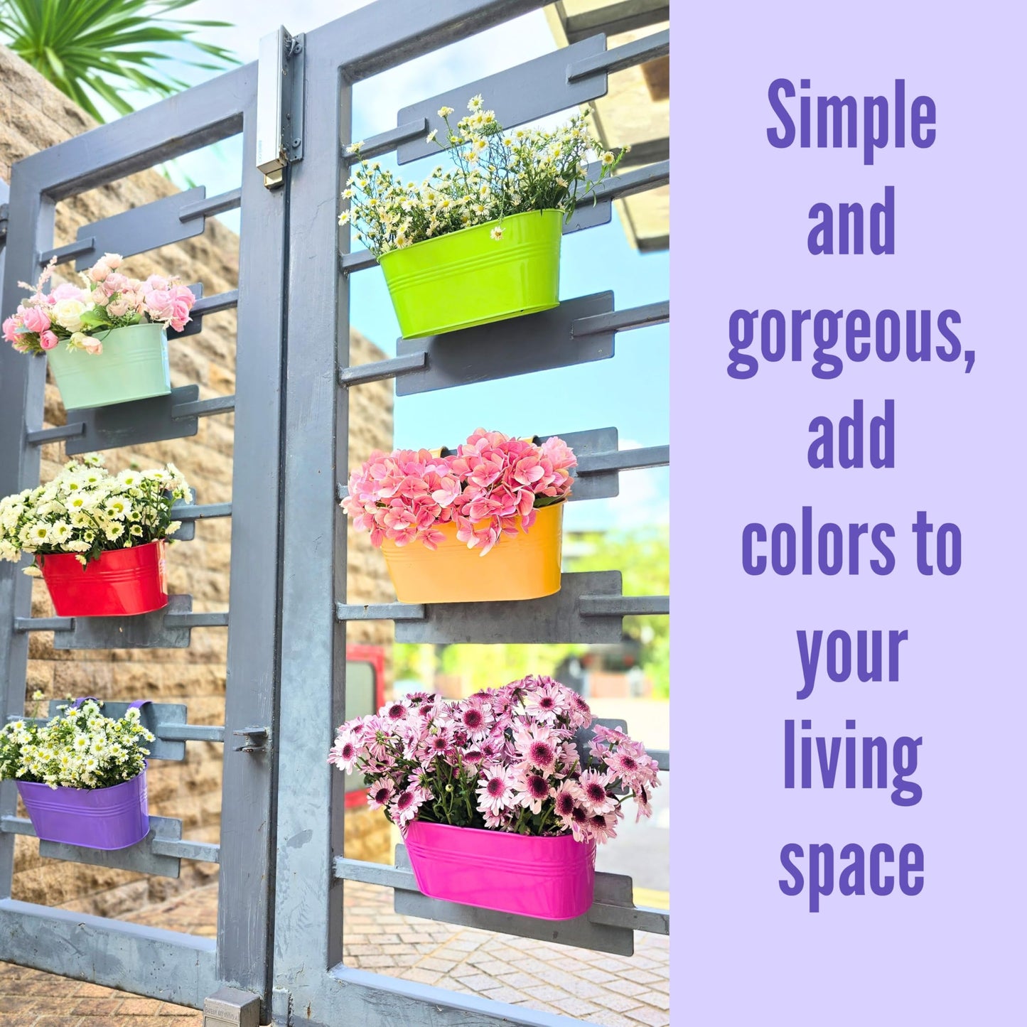 LaLaGreen Outdoor Hanging Planter (11.2 Inch, 6 Pack) Light Blue, Neon Pink, Dark Purple, Yellow, Red Metal Iron Window Box Flower Pot Deck Railings Fence Buckets Modern Boho Style Home Garden Decor