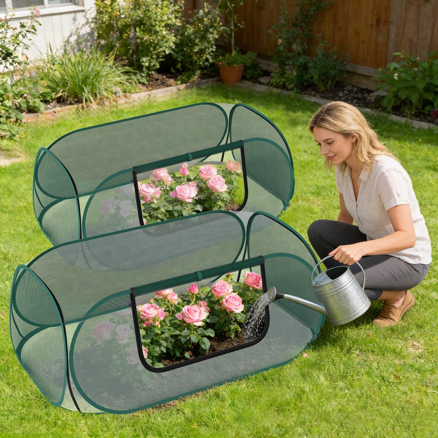 2-Pack Raised Garden Bed Covers, 45" x 22" x 17" Mesh Crop Cage, Pop-Up Plants Cover with 30% Shade Cloth for Seedlings Vegetables Fruits Flowers, Protects Against Birds Animals Pests with 16 Stakes