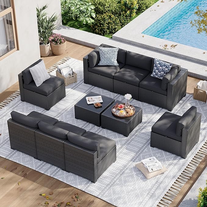 Aoxun 10 Piece Patio Furniture Set Wicker Patio Sectional Sofa Set Outdoor