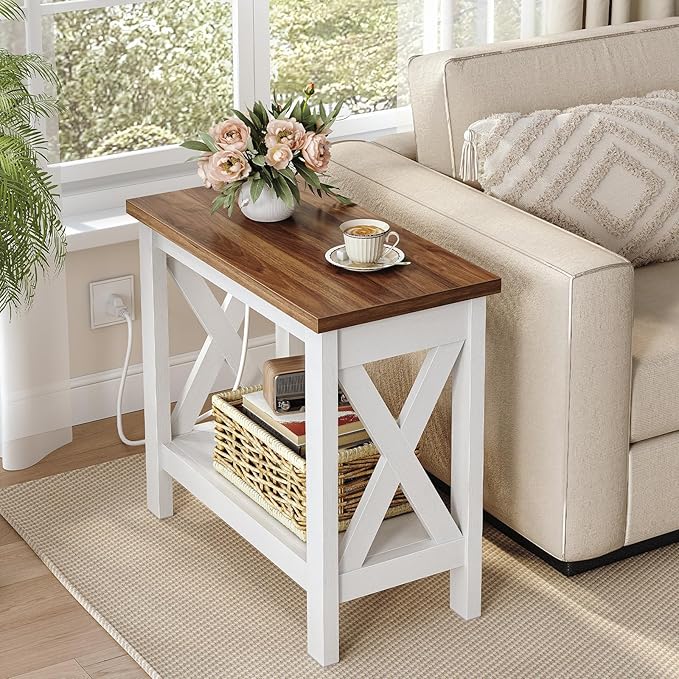HOOBRO End Table with Charging Station, Farmhouse Narrow Side Table, 2-Tier