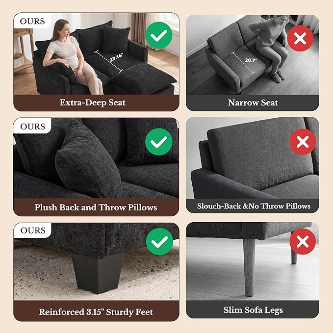 Loveseat Sofa with Ottoman, Cloud 3-Layer Cushion, Living Room, in a Box