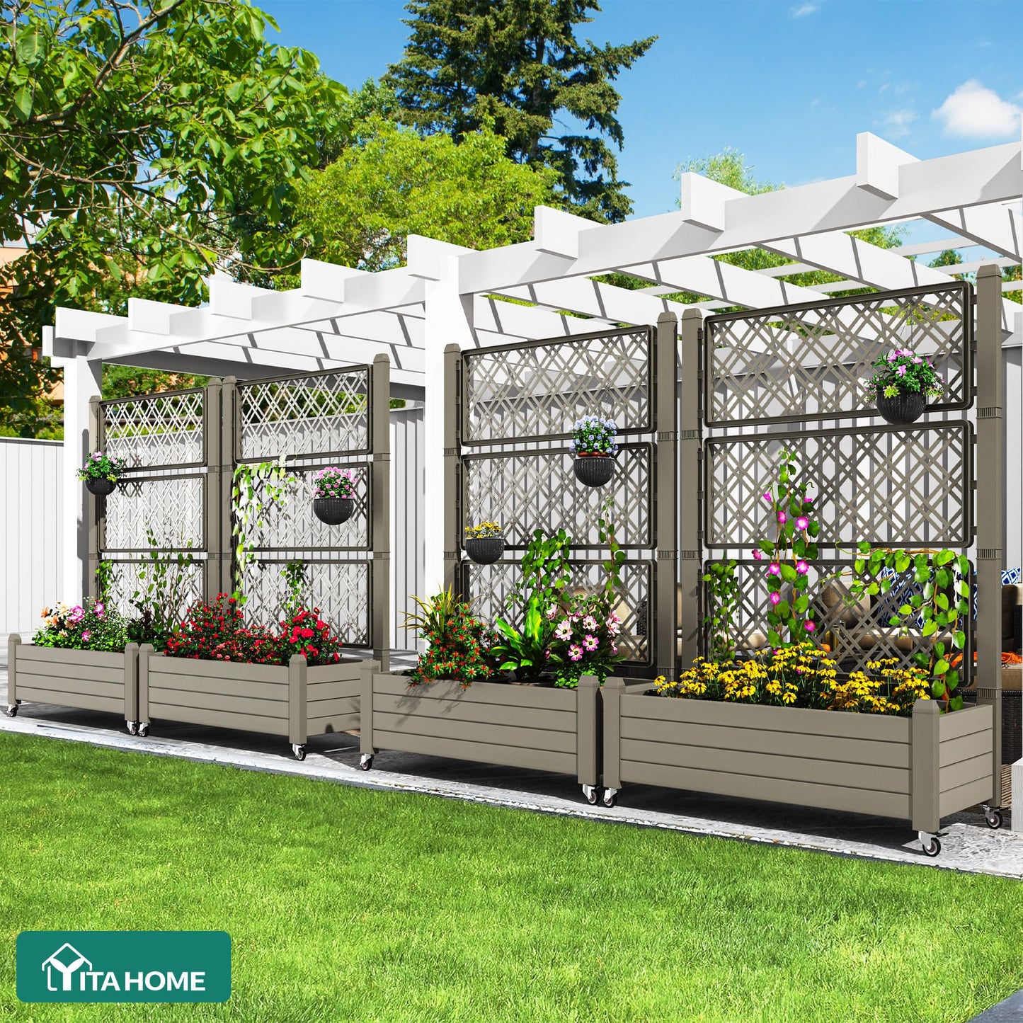 YITAHOME 43.3x17.7x61 in Planter Boxes Outdoor with Trellis, Resin Raised Garden Bed with Wheels & Drain Plug for Climbing Plants, Weather-Resistant Design Elevated Garden Bed with Trellis, Brown