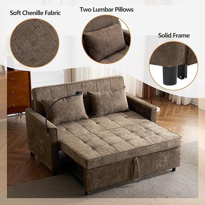 3 in 1 Convertible Sleeper Sofa Bed, 56.9" Small Pull Out Couch Bed
