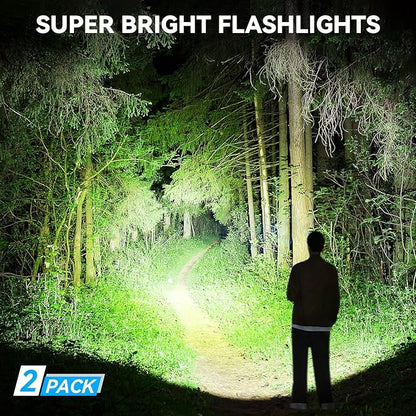 Kmivo Rechargeable LED Flashlight, 100,000 High Lumens Super Bright Tactical Flashlight, 5 Modes Adjustable Focus, Waterproof Powerful Handheld Flash Light for Camping Home Emergency (2 Pack)