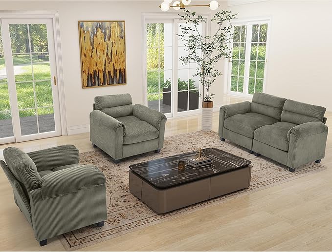 HAOMARKETS Corduroy Sofa Set, Upholstered Armchair Set of 2 and Loveseat