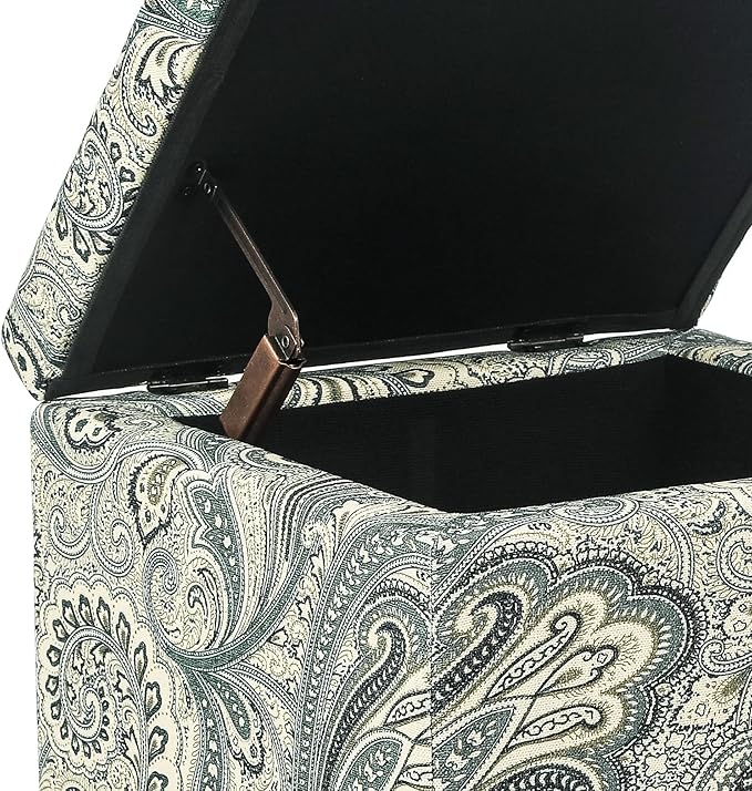Adeco 18" Cube Storage Ottoman in Blue Paisley, Upholstered Linen Foot Stool &