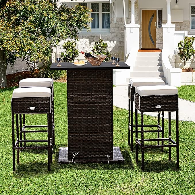 Tangkula 5 Piece Outdoor Rattan Bar Set, Patio Bar Furniture
