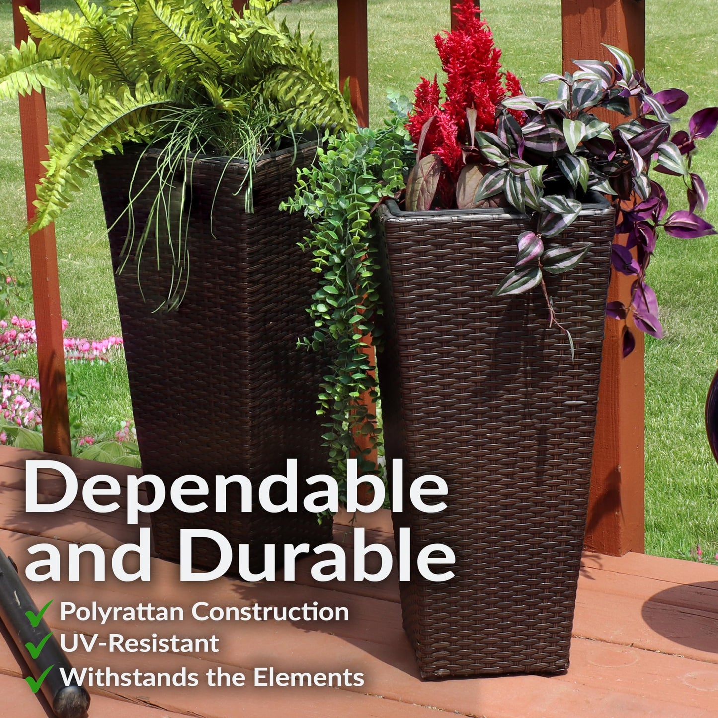 Sunnydaze Square Tall Wicker Outdoor Planter Set of 2 - Polyrattan Large Outdoor Planters for Porch, Patio or Garden - 24" Tall Plant Pots - Brown