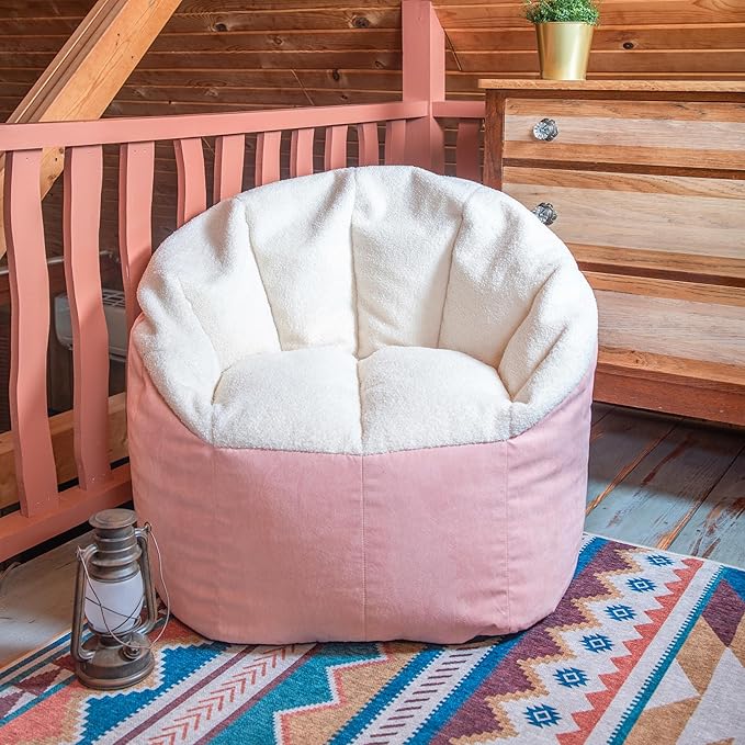 Big Joe Milano Bean Bag Chair for Kids, Oat Sherpa and Desert Rose, Vegan Suede