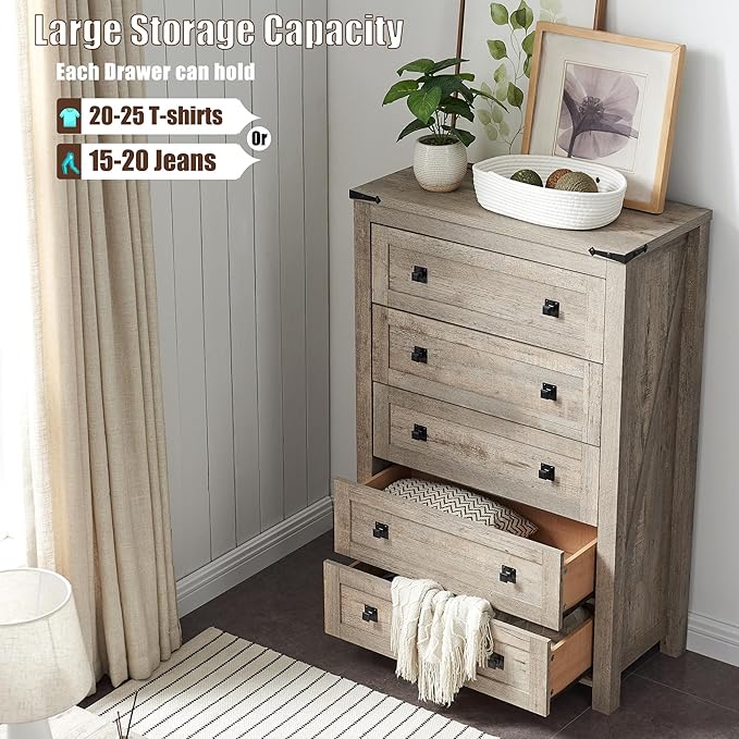 T4TREAM Farmhouse 5 Drawers Dresser Chests