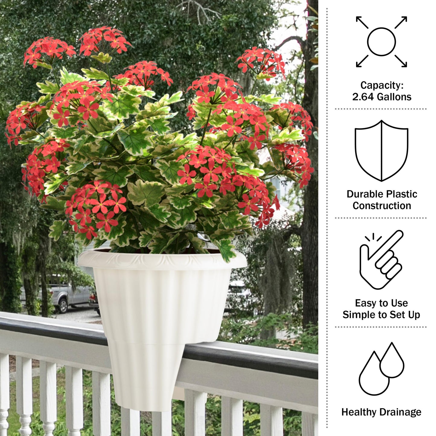 Railing Planter Box 2-Pack - 13.5-Inch Round Outdoor Flower Pots with Drainage Inserts - 2.64-Gallon Outdoor Planters for Porch, Deck, Fence, or Balcony Railings 3” - 3.75” Wide by Pure Garden (White)