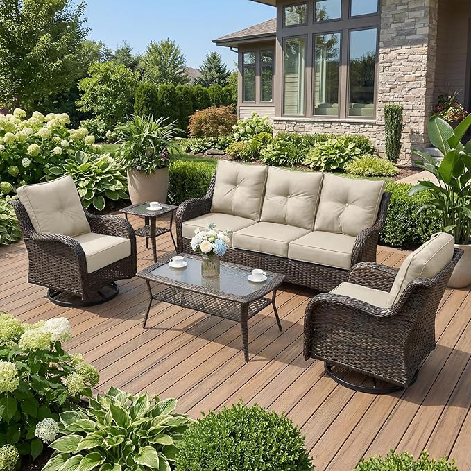 Patio Furniture Set, High Back Rattan Sofa & Swivel Rocker Chairs, Weather