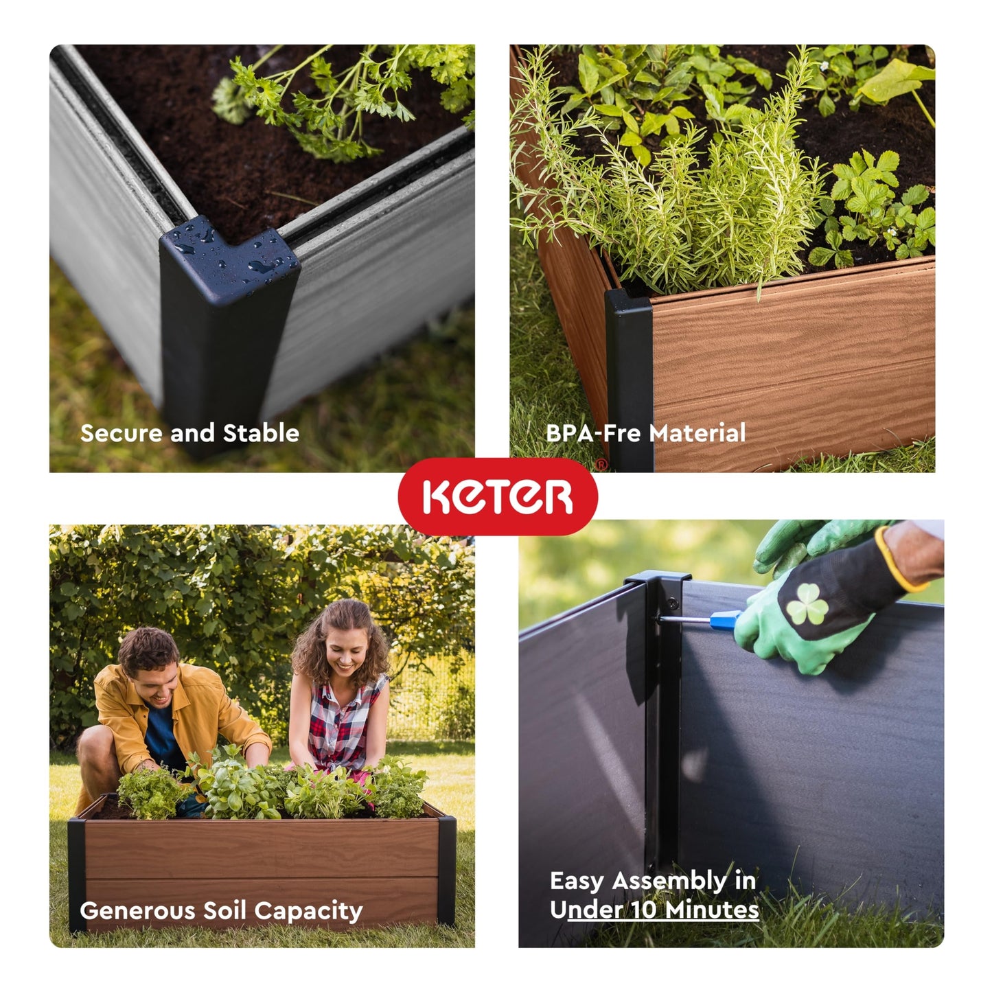Keter 48" X 48" inches Wood Look Raised Garden Bed, Durable Outdoor Herb Garden Planter for Vegetables, Flowers, and Succulents, Grey