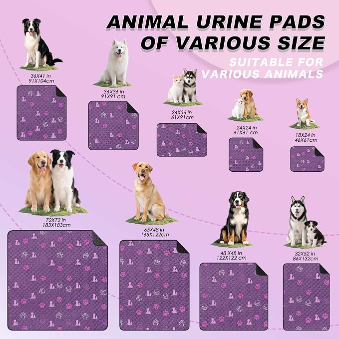 WanpeeGoo Washable Pee Pads, Puppy Pee Pad for Dogs, 2 Pack Absorbent Reusable Training Dog Pads Pet Puppy Pads, Non-Slip Potty Pads for Whelping, Playpen, Crate, Bed, Purple 24"x48"