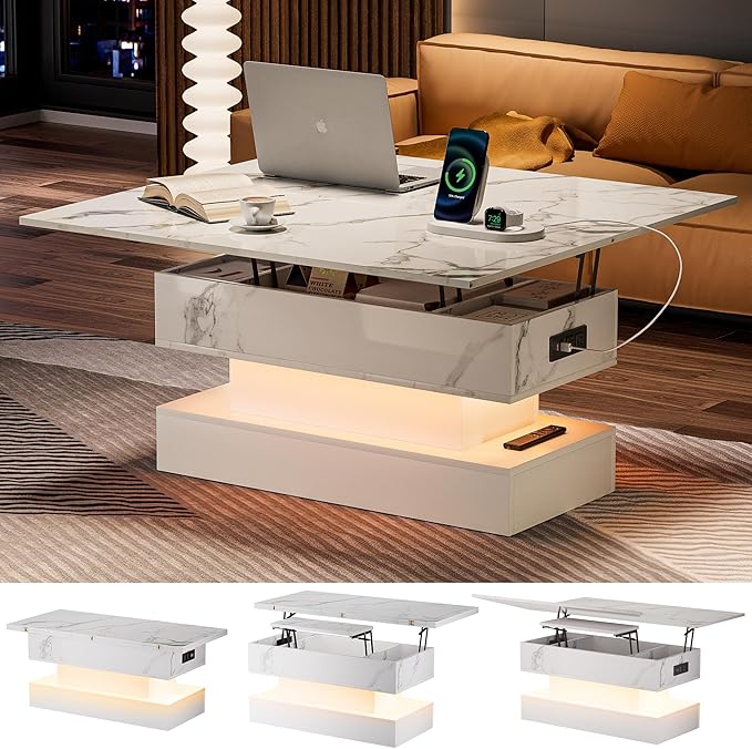 SYESWAY 39.4” Modern High Gloss Marble Lift Top Coffee Table