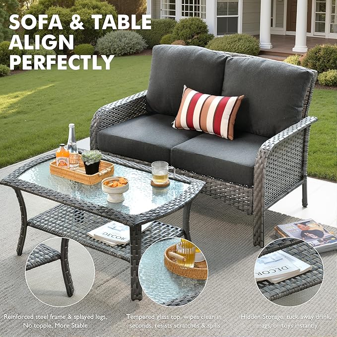 Weaxty Wicker Patio Furniture Set High Back Loveseat Sofa Couch Armchair Coffee