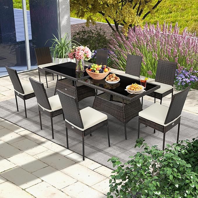 Tangkula 10 Pieces Wicker Patio Dining Set, Outdoor Rattan Table & Chairs Set