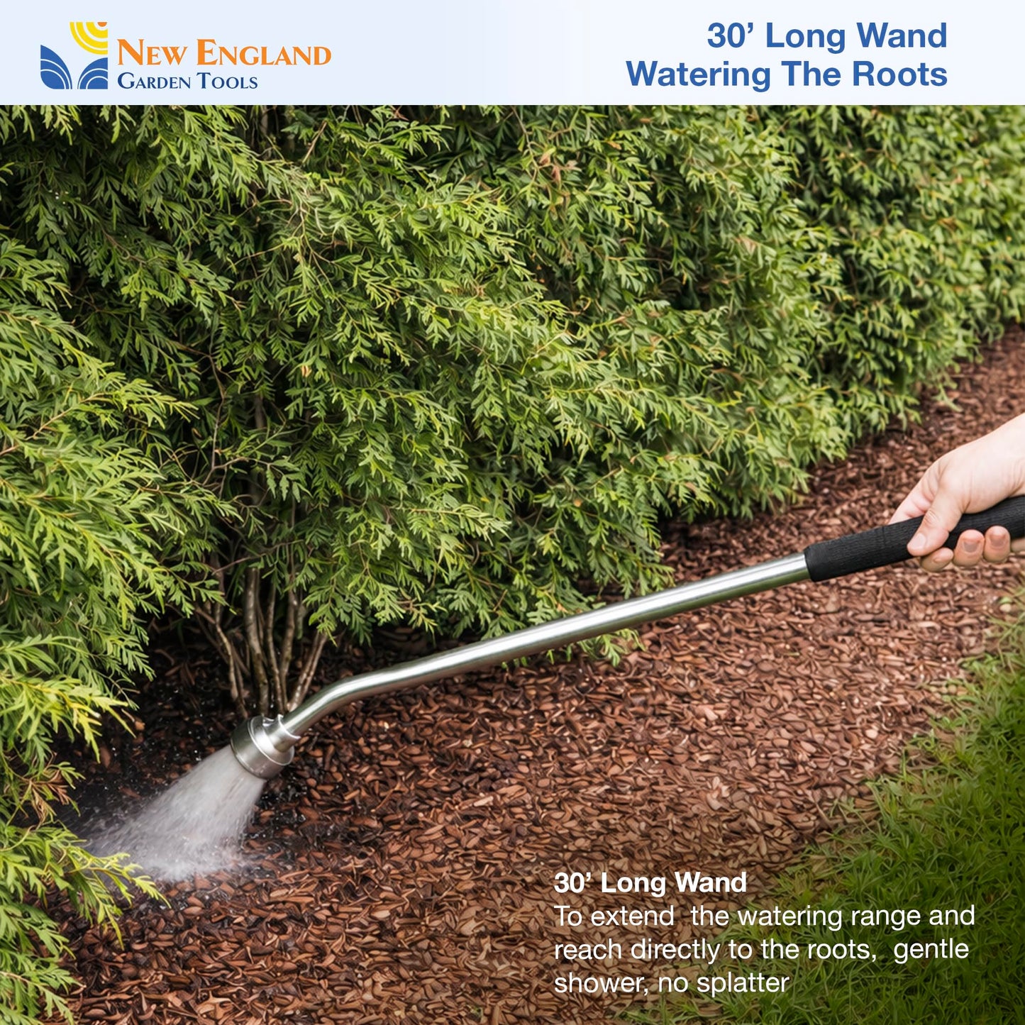 30 Inch Soft Rain Watering Wand 600003, Gentle Shower Spray, Heavy Duty Lightweight Metal Build, Comfort Grip, Flow Control Shut Off Valve, for Plants, Yards, Cars & Pets, by New England Garden Tools