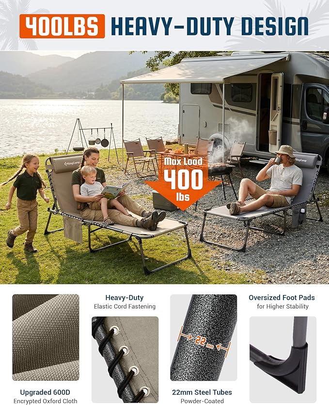 KingCamp Lounge Chair with face Hole & Canopy Shade, 400LBS Folding Portable