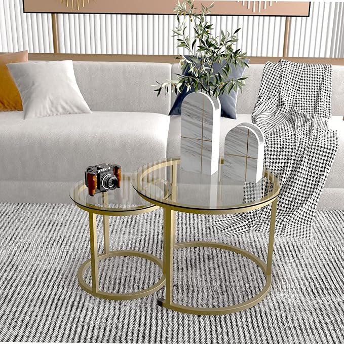 aboxoo Gold Nesting Coffee Table Set of 2, Small Glass Round Nesting Tables